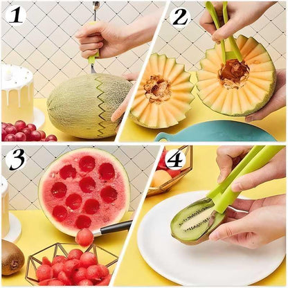 Multicolor stainless steel 4-in-1 watermelon cutter from 18075, featuring multiple slicer and grater options for fruit prep.