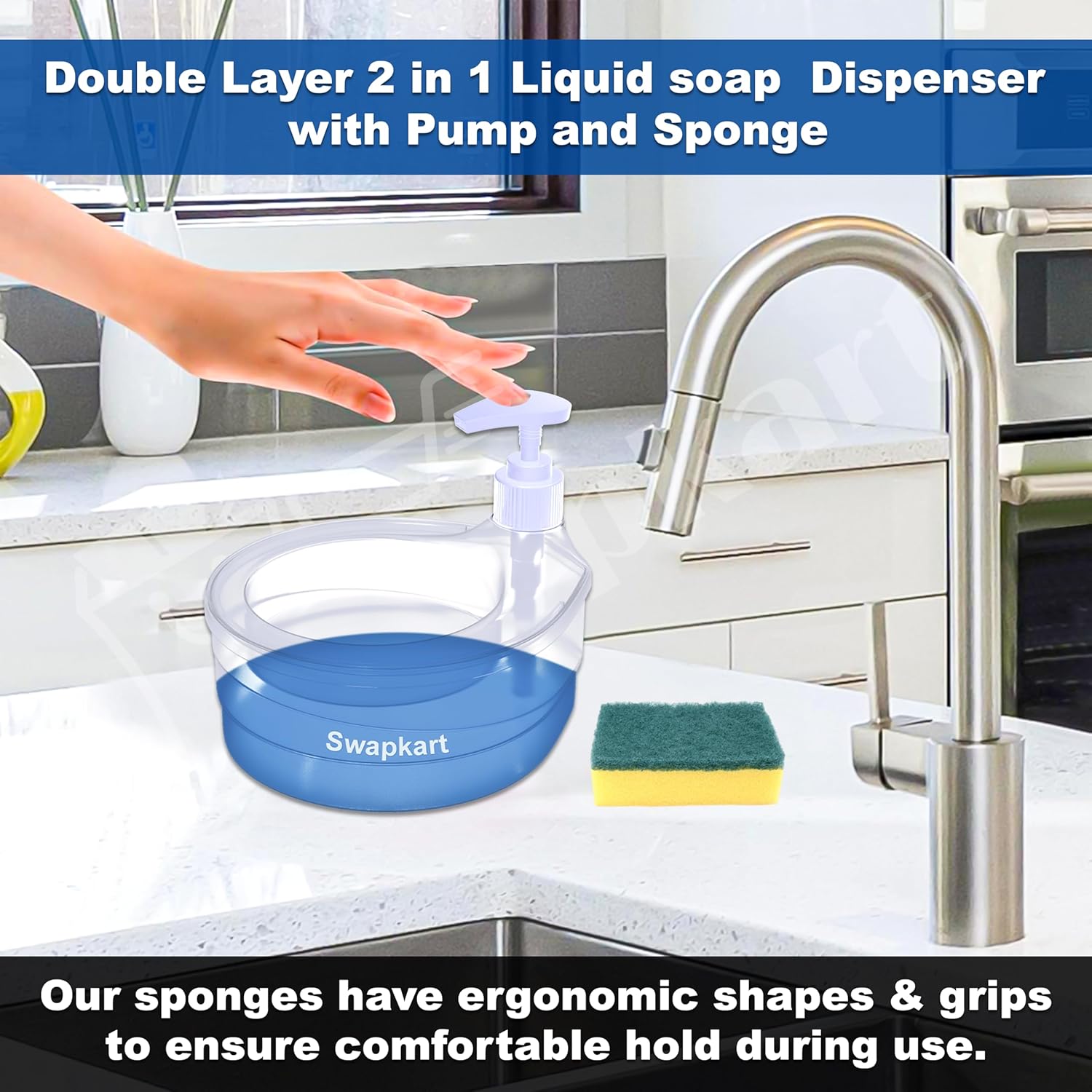 Multicolor double-layer soap dispenser for bathroom, 18075 brand, with pump for liquid soap and dishwasher liquid.