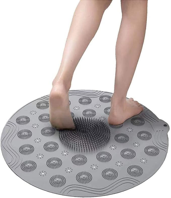 Multicolor silicone shower bath mat with anti-slip design for bathroom floor, featuring a round shape and foot massage texture.