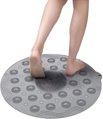 Multicolor silicone shower bath mat with anti-slip design for bathroom floor, featuring a round shape and foot massage texture.