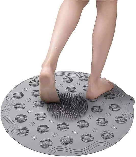 Multicolor silicone shower bath mat with anti-slip design for bathroom floor, featuring a round shape and foot massage texture.
