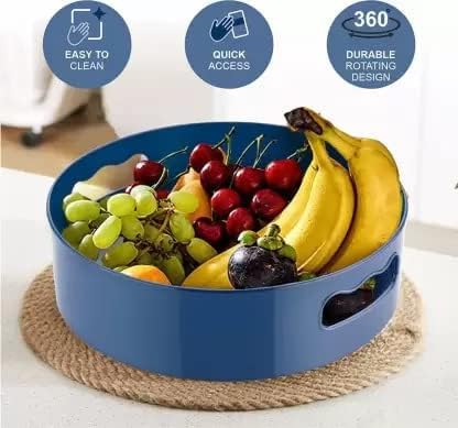 Multicolor 360° rotating organizer tray for kitchen utensils and cosmetics, featuring multiple compartments for easy access.