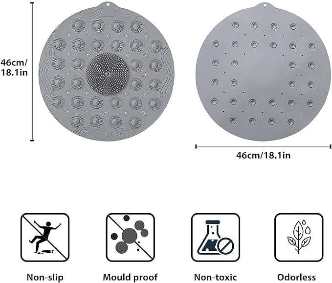 Multicolor round silicone shower bath mat with anti-slip surface and foot massage features for bathroom safety and comfort.
