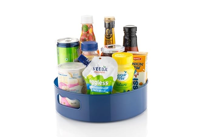 Multicolor 360° rotating kitchen organizer tray with compartments for utensils and cosmetics, ideal for countertop storage.