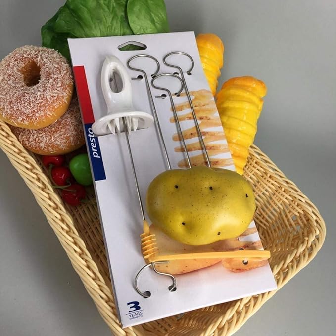 Multicolor manual potato chips slicer and spiral tornado cutter for making evenly sliced potato chips.