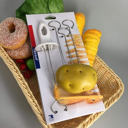Multicolor manual potato chips slicer and spiral tornado cutter for making evenly sliced potato chips.