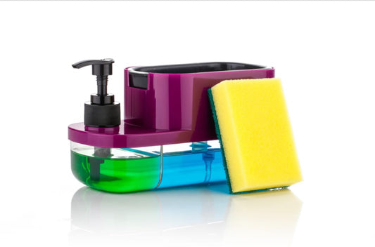 Purple 3-in-1 soap pump dispenser with sponge holder for kitchen sink or bathroom countertop, made by 16748.