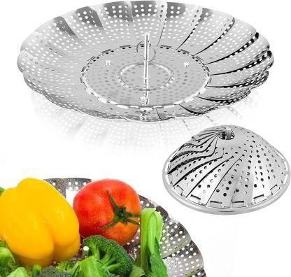 Stainless steel steamer basket for vegetables and seafood with safety tool, ideal for steaming in kitchen cookware.