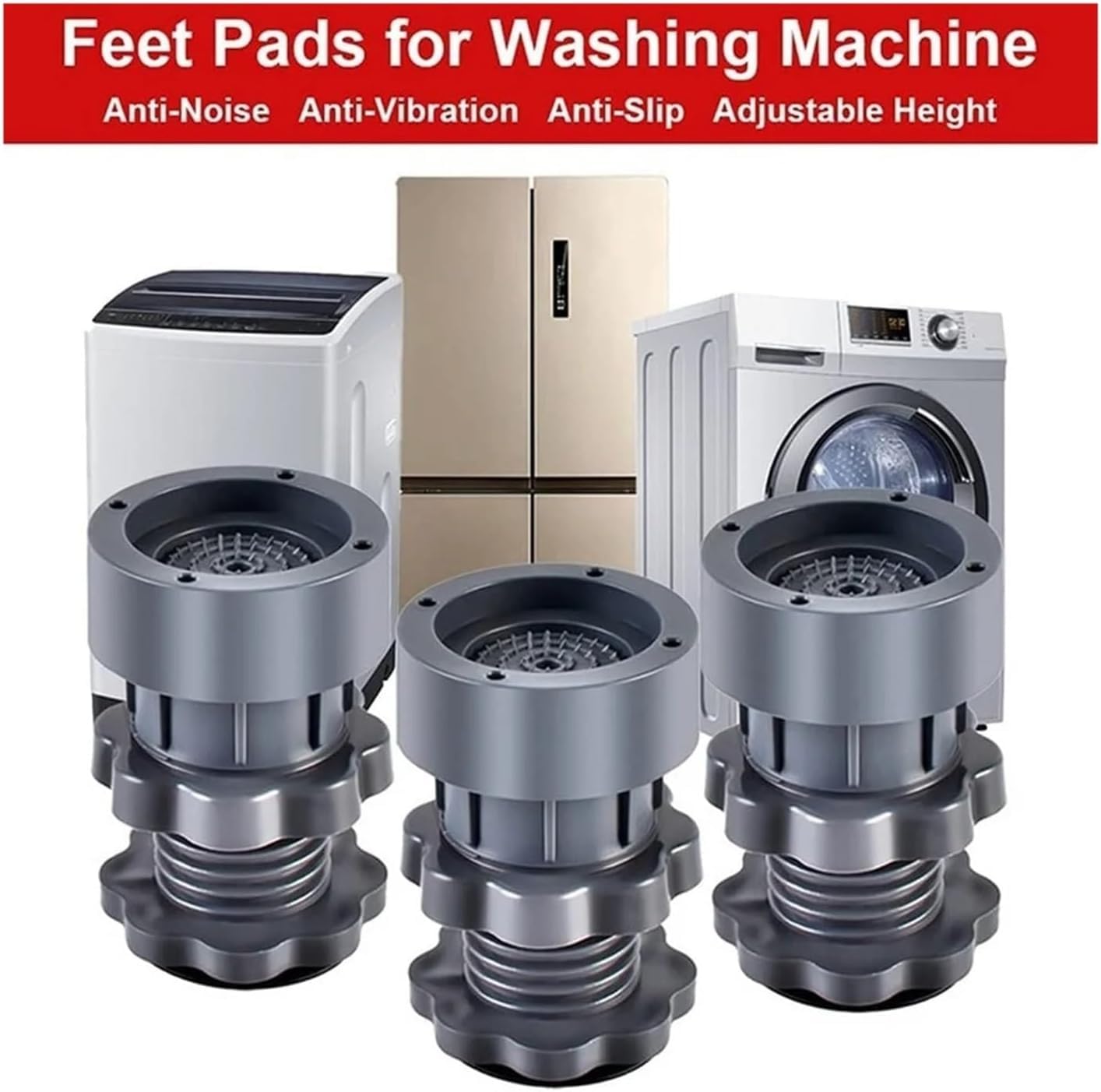 Height adjustment washing machine stand with anti-vibration rubber pads and shock absorber for stable washing machine support