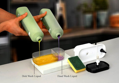Purple 3-in-1 soap pump dispenser with sponge holder for kitchen sink or bathroom countertop, includes dish soap liquid dispenser.