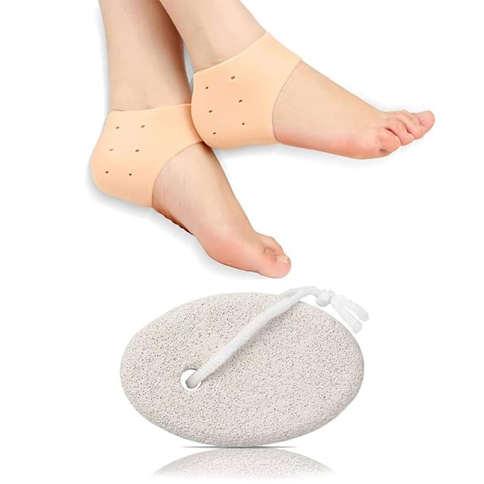 Multicolor callus stone pedicure tool with foot scrubber and silicone heel pad for dead skin removal, cracked heel relief, and ankle support.
