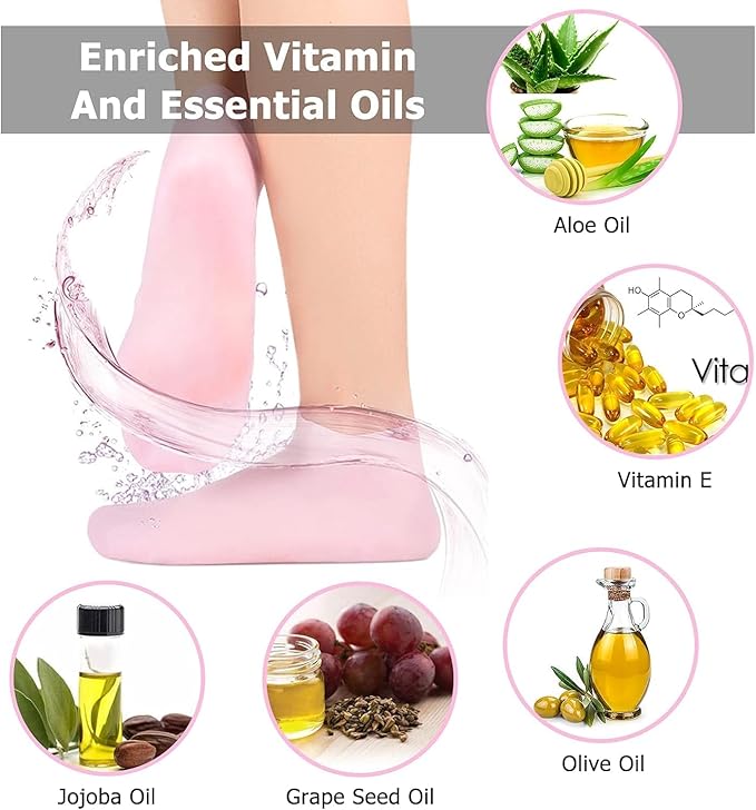 Pink moisturizing silicone spa gel socks for women and men, designed for dry, cracked heels and callus removal with vitamin E repair.