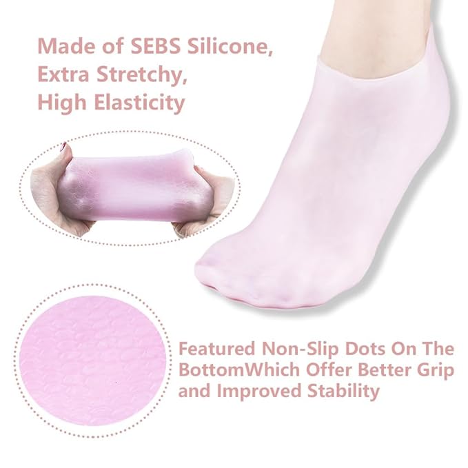 Pink moisturizing silicone spa gel socks for women and men, designed to hydrate dry, cracked heels and smooth calluses.