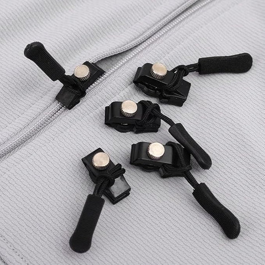 Black portable universal zipper slider for bags, coats, and shoes, with small, medium, and large sizes.