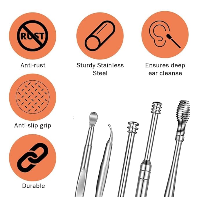 Reusable ear wax cleaning kit with silver ear remover tools and storage box, designed for safe and effective ear hygiene.