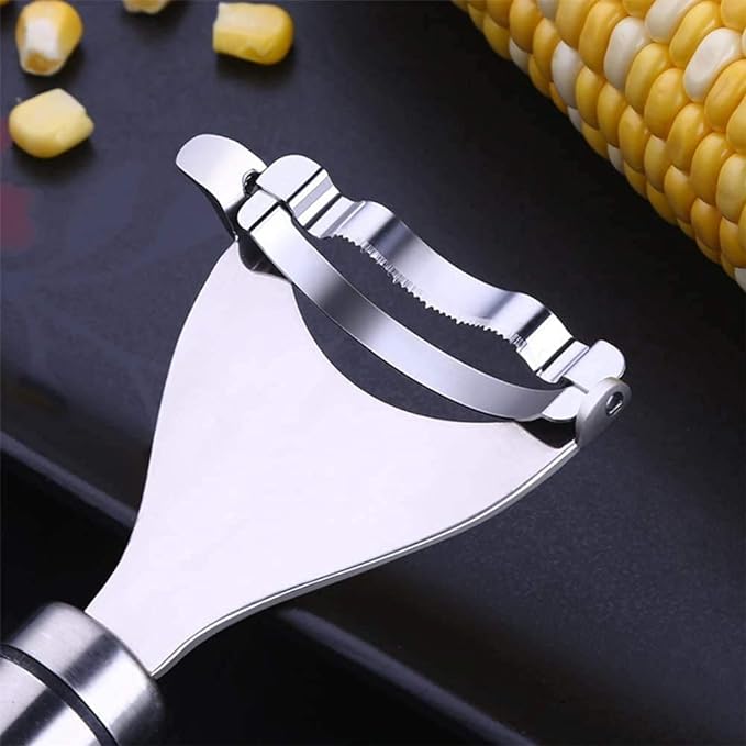 Stainless steel corn peeler with ergonomic handle and ultra-sharp blades for easy kernel removal, silver color.