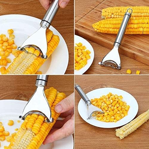 Stainless steel corn peeler with ergonomic handle and ultra-sharp blades for easy kernel removal, silver color.