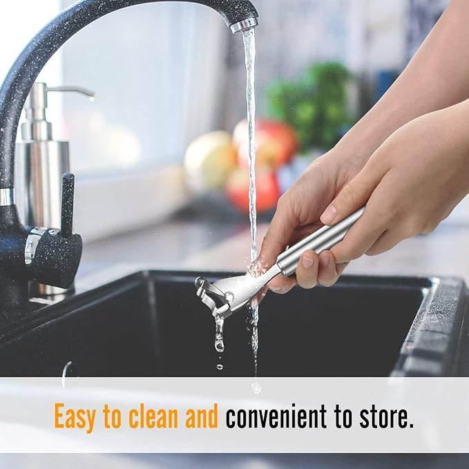 Silver stainless steel corn peeler with ergonomic handle and ultra-sharp blades for easy kernel removal.