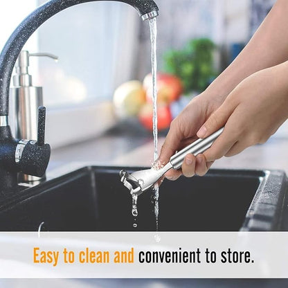 Silver stainless steel corn peeler with ergonomic handle and ultra-sharp blades for easy kernel removal.