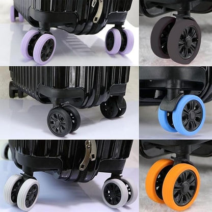 Set of 8 silicone luggage wheel protectors for trolley bags, designed to shield and extend the life of travel suitcase wheels.