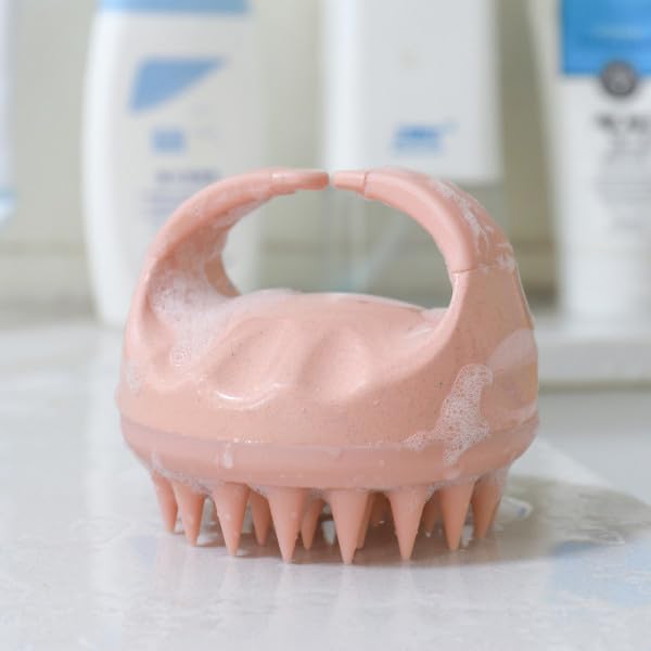 Eco-friendly wheat straw scalp massager shampoo brush with soft silicon bristles for gentle scalp cleansing and relaxation.