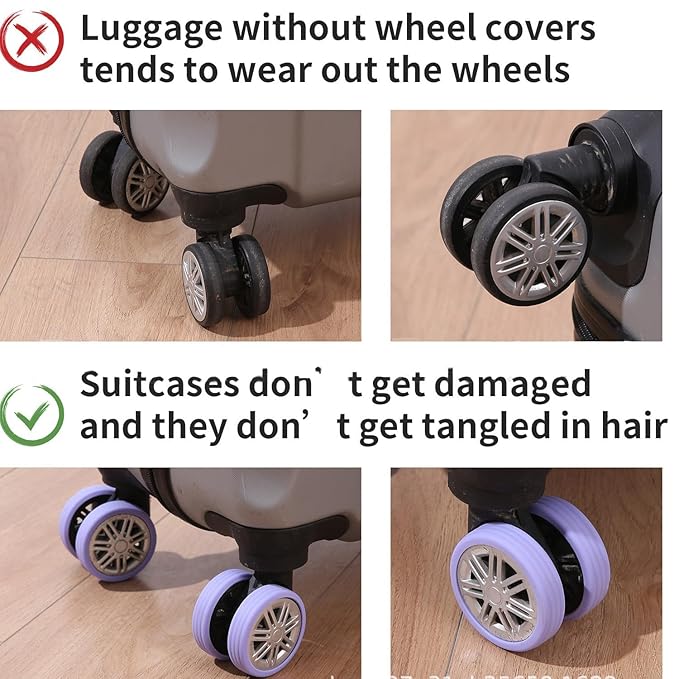 Set of 8 silicone luggage wheel protectors for trolley bags and travel suitcases, designed to shield and extend wheel life.
