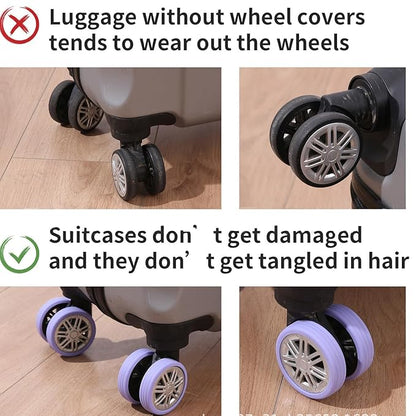 Set of 8 silicone luggage wheel protectors for trolley bags and travel suitcases, designed to shield and extend wheel life.