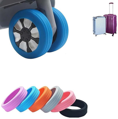 Set of 8 silicone luggage wheels protectors for trolley bags, designed to shield caster wheels during travel.