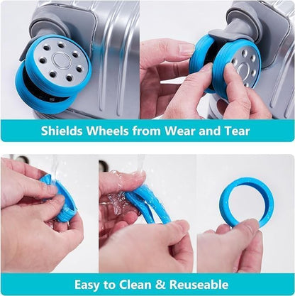 Set of 8 silicone luggage wheel protectors for trolley bags, designed to shield and extend the life of travel suitcase wheels.
