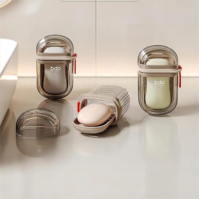 Portable travel soap case in compact design, black soap holder for secure storage of soap during trips.