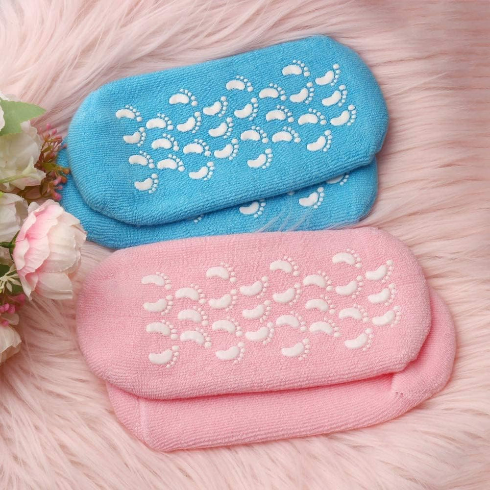Pair of moisturizing foot spa silicone socks for men and women, shown in a pack of two with soft, flexible silicone material.