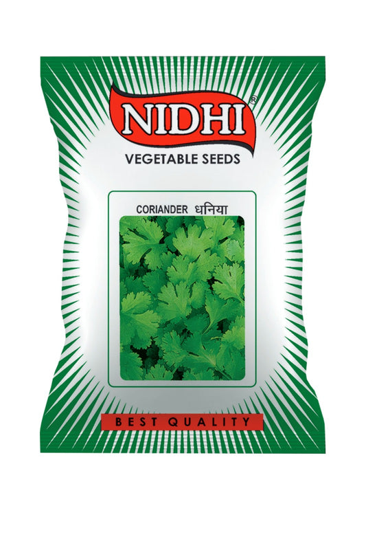 Vegetable seeds for coriander by 18605, ideal for home, terrace, and kitchen gardening, shown in packaging ready for planting.