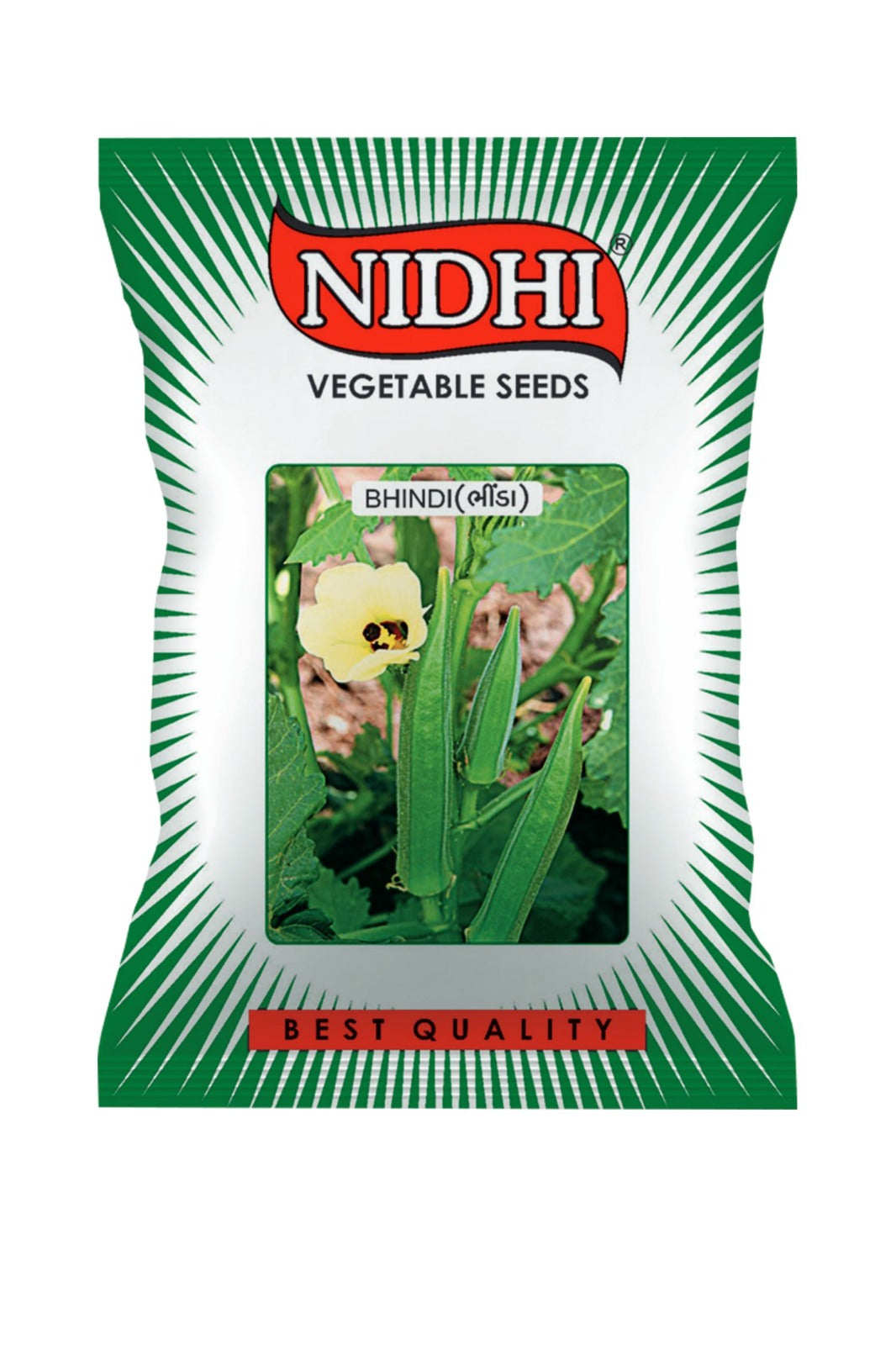 Vegetable seeds for bhindi (okra) by 18605, tested and packed for home, terrace, and kitchen gardening, shown in the image.
