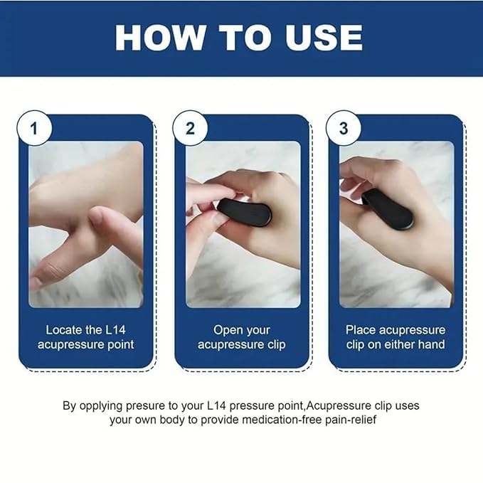 Pack of 2 cloth acupressure clips for diabetics, targeting LI4 point for headache, migraine, and tension relief.