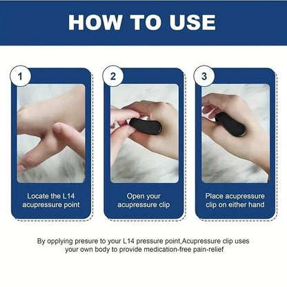 Pack of 2 cloth acupressure clips for diabetics, targeting LI4 point for headache, migraine, and tension relief.