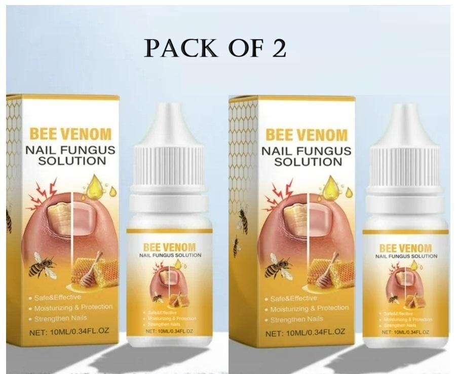 Two 10ml bottles of 18051 BeeVenom Nail Fungus Solution, a natural massage oil for nail and skin care, shown in clear bottles.