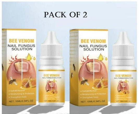 Two 10ml bottles of 18051 BeeVenom Nail Fungus Solution, a natural massage oil for nail and skin care, shown in clear bottles.