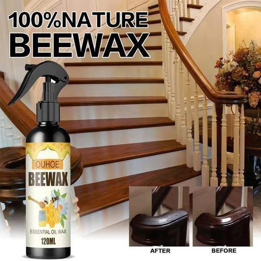 Brown beeswax furniture polish spray by 18277, natural wood shine and cleaner for wooden furniture in a 120 ml spray bottle.