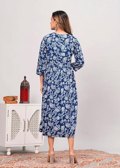 Grey and blue printed Anarkali poly crepe kurti for women, featuring traditional design and comfortable fit.