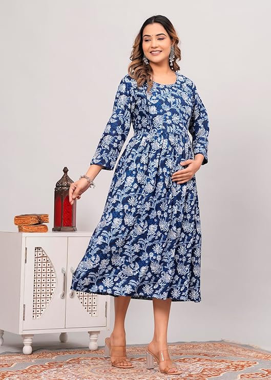 Grey and blue printed Anarkali poly crepe kurti for women, featuring intricate patterns and a flowing design.
