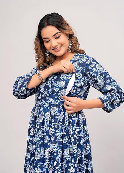 Grey and blue printed Anarkali poly crepe kurti for women, showcasing intricate patterns and comfortable fit.