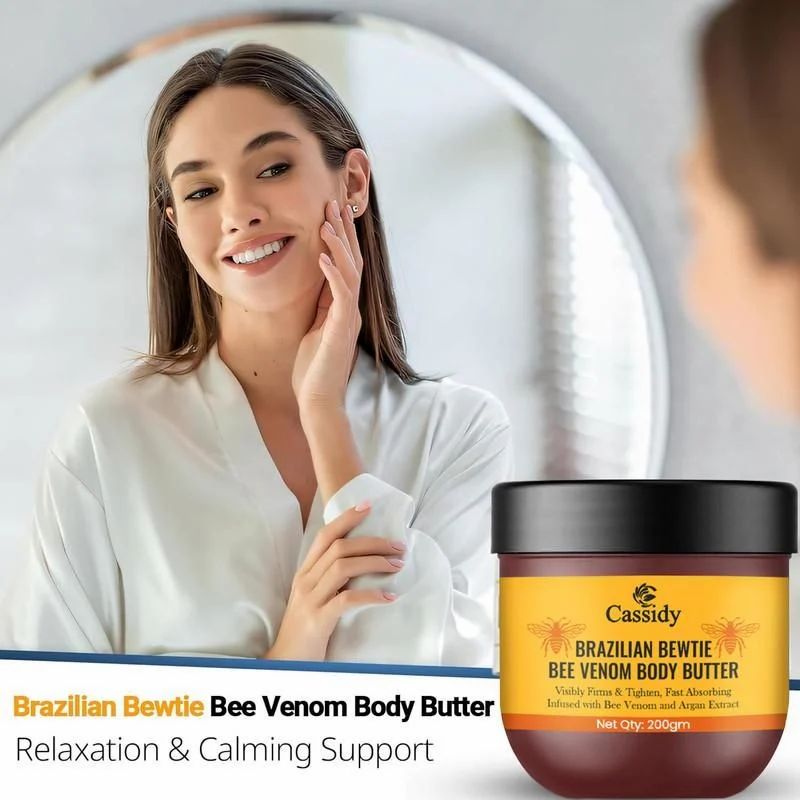 Brazilian Beewtie Bee Venom Body Butter cream by 13373, showing smooth, creamy texture in a jar with natural bee venom ingredients.