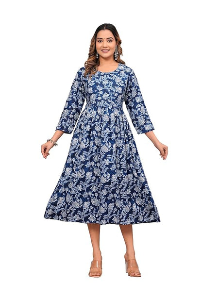 Grey and blue printed Anarkali poly crepe Kurti for women, featuring intricate design and comfortable fit, size medium.