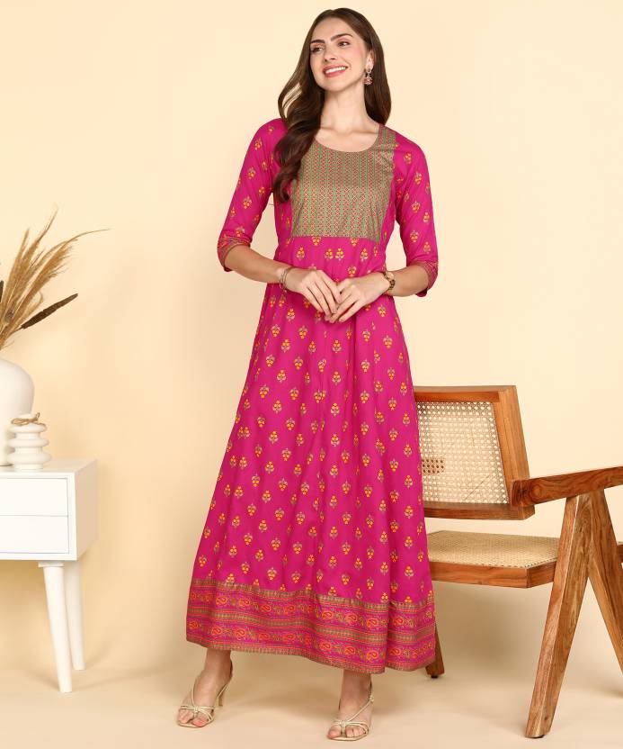 Dark pink rayon printed kurti for women, short-sleeve stylish women's kurti with floral design and comfortable fit