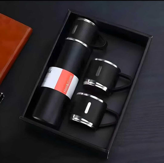 Multicolor stainless steel vacuum flask set with 2 cups, 500ml insulated thermos for hot or cold drinks, by 18052.