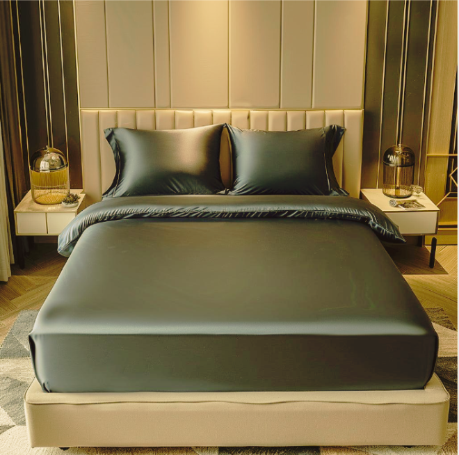 Maroon satin fitted bedsheet with elastic edges and two pillow covers, premium 18214 brand, luxurious and smooth bedding set