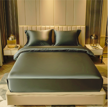 Maroon satin fitted bedsheet with elastic edges and two pillow covers, premium 18214 brand, luxurious and smooth bedding set