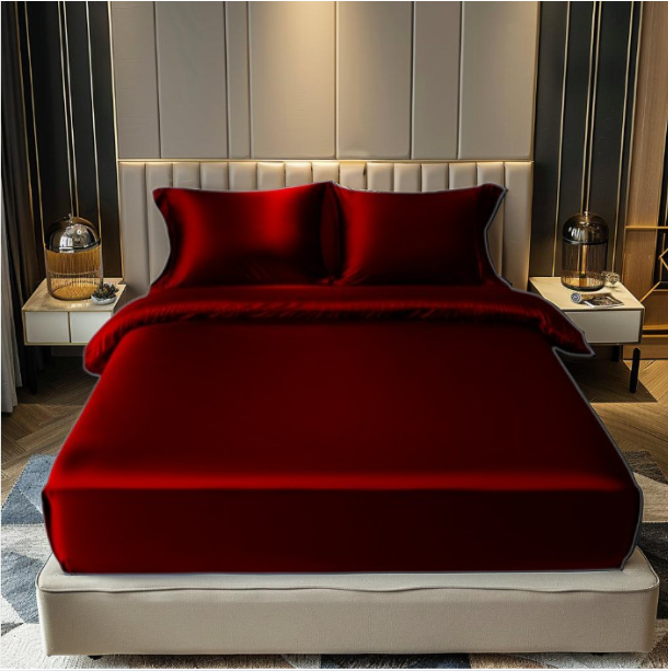 Maroon satin elastic fitted bedsheet with matching pillow covers, luxurious 18214 brand satin bedding set, close-up view
