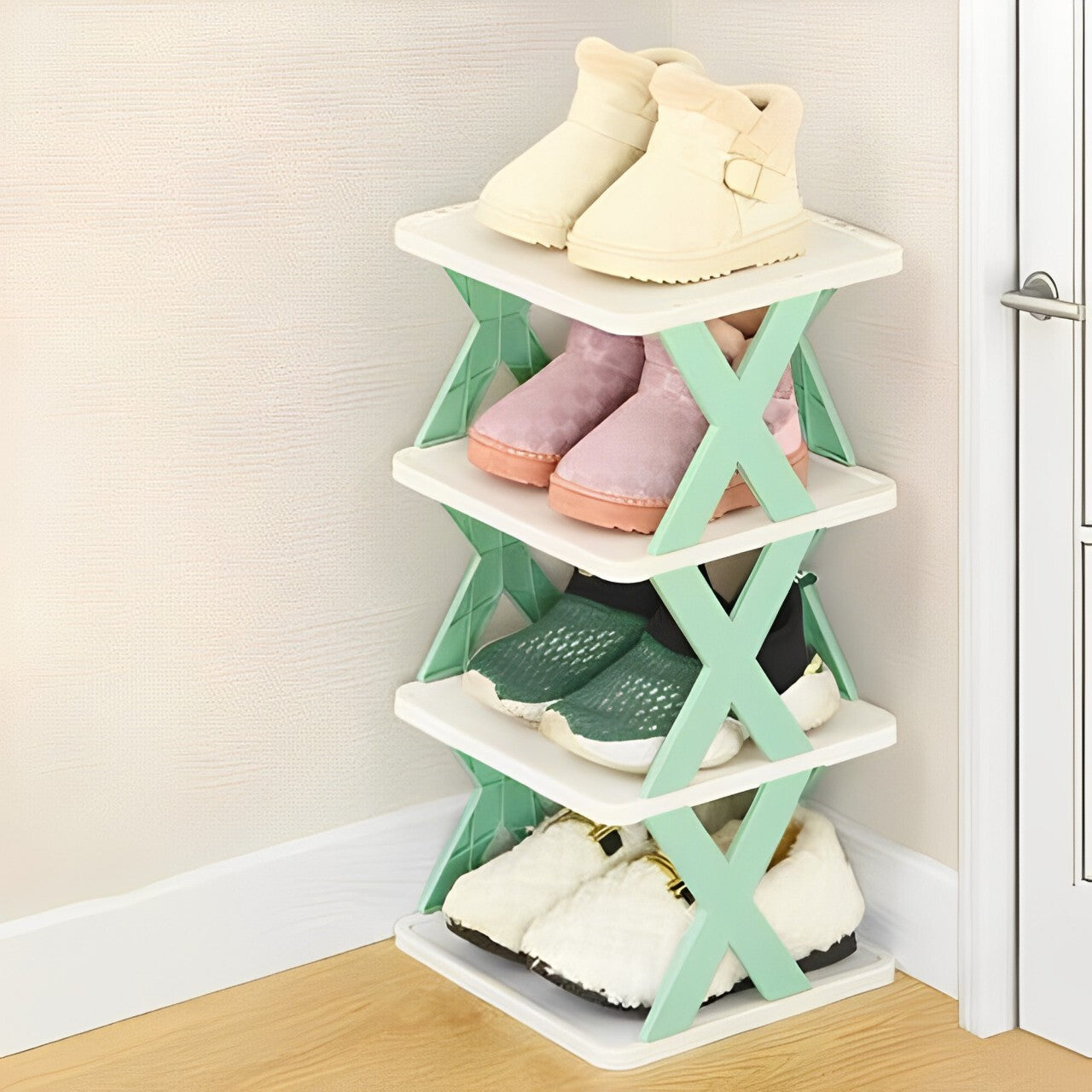 Multicolor foldable shoe rack, collapsible shoe storage by 18875, showing multiple tiers and a compact design for organized footwear storage.