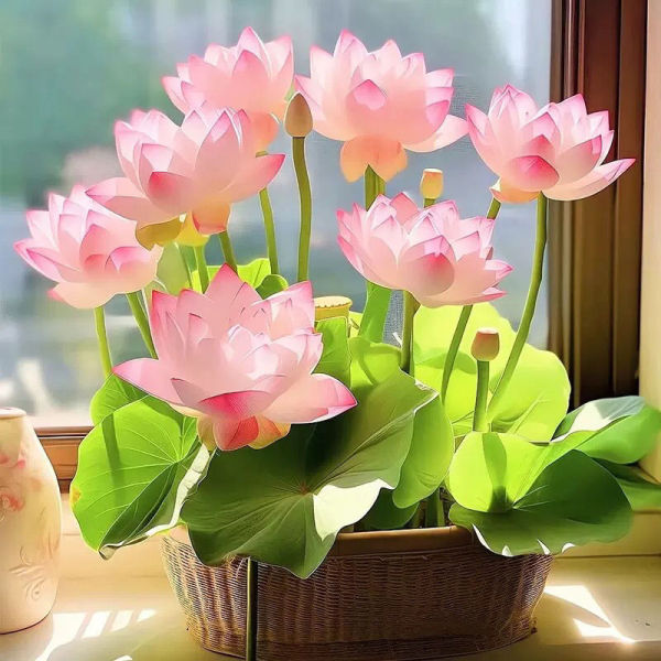 Basil seeds in the Sacred Bonsai Bowl Lotus Flower container, showcasing small, oval seeds in a decorative bowl.